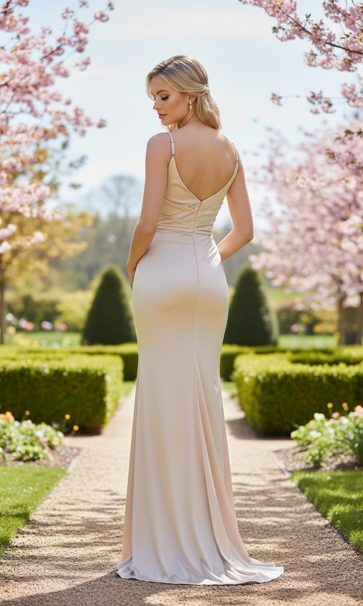 A woman in the La Femme 33421 long satin prom dress with train, sleeveless and light-colored, stands on a garden path among greenery and blooming trees, facing away from the camera.